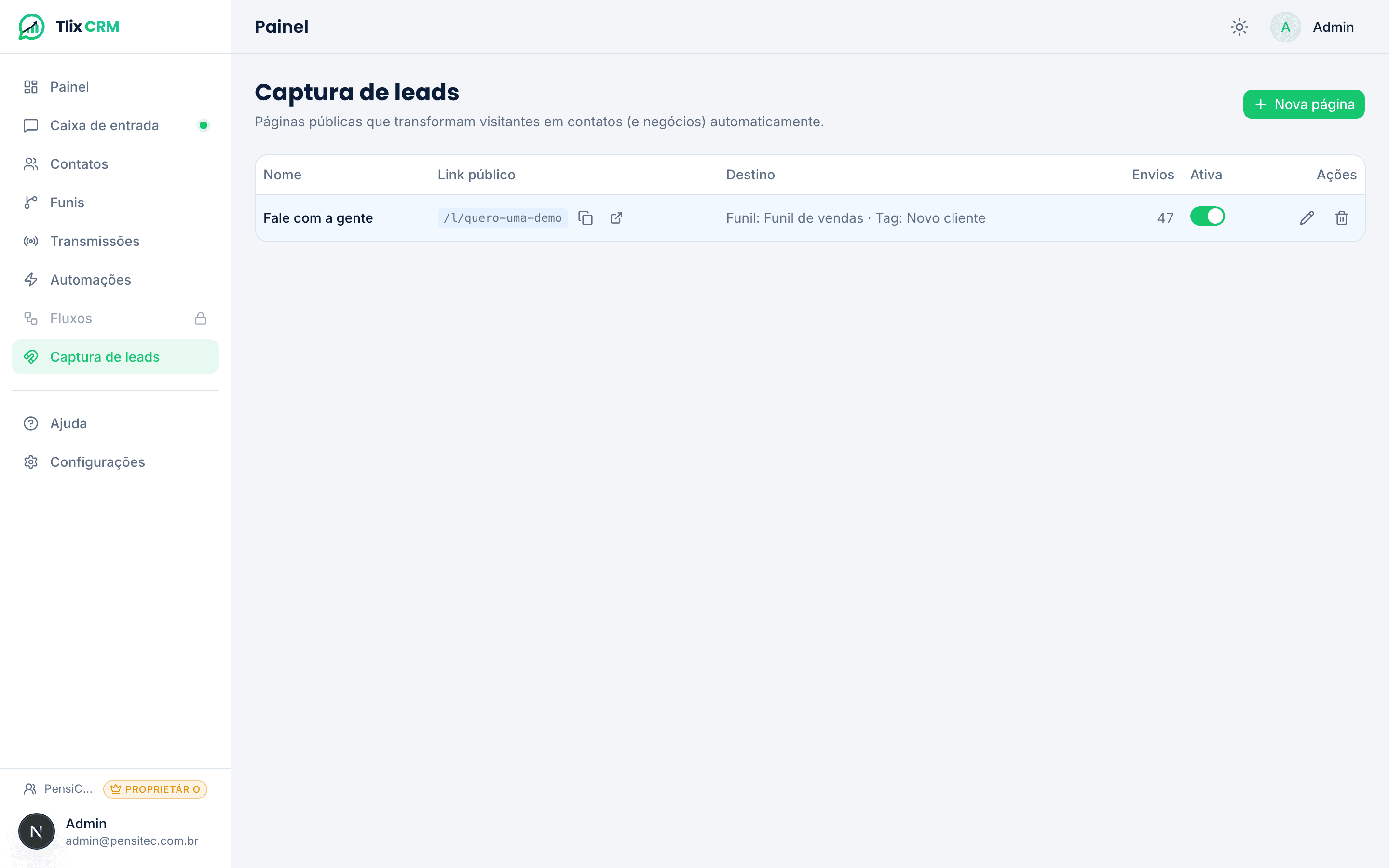 Página de captura de leads do Tlix CRM com formulário e contagem de envios