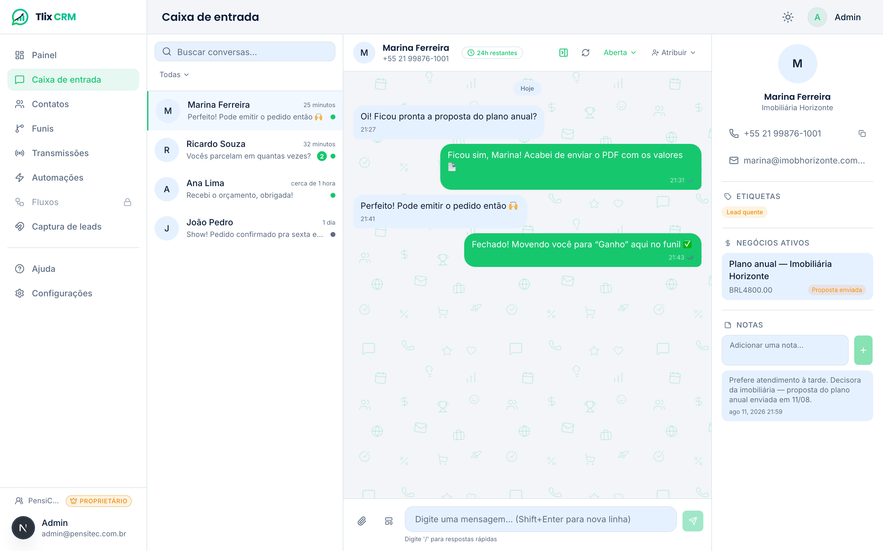 Caixa de entrada do Tlix CRM com conversa de WhatsApp, etiqueta de lead quente e negócio vinculado ao funil